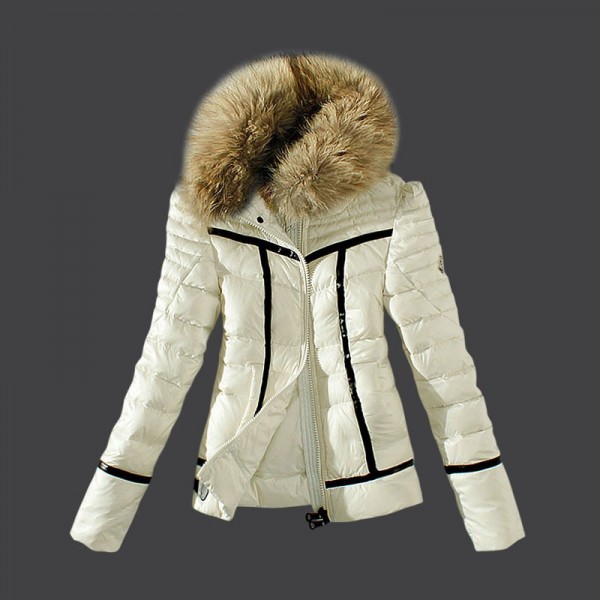 Moncler Donna Giù cappotto collo di pelliccia d'Avorio uscita M1098